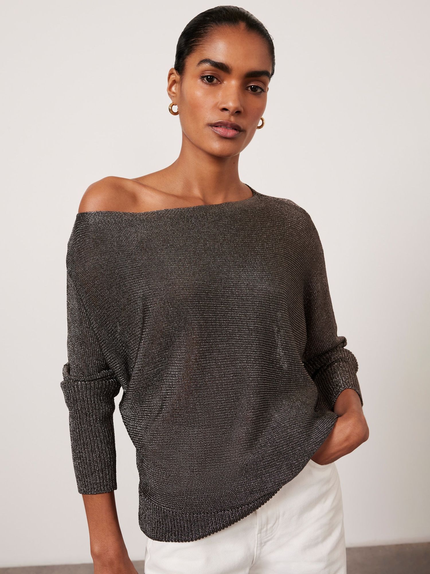 Mint Velvet Metallic Off Shoulder Batwing Jumper, Dark Brown