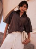 Mint Velvet Sheer Cropped Shirt, Dark Brown, Dark Brown