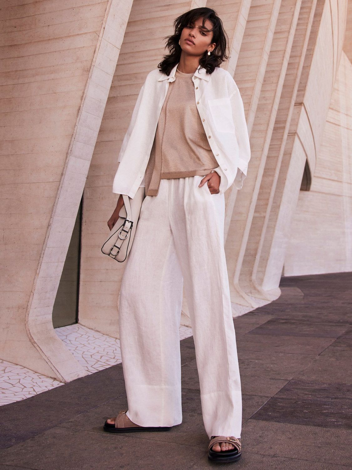 Linen Drawstring Waist Wide Leg Trousers