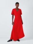 John Lewis Short Sleeve V-Neck Asymmetrical Hem Midi Dress, Red