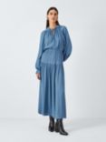 John Lewis Tiered Tie Neck Midi Dress, Blue