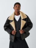 John Lewis Shearling Collar Leather Aviator Jacket, Black