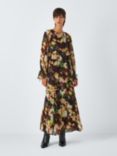 John Lewis Frill Abstract Print Chiffon Maxi Dress, Black/Multi