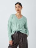 John Lewis Soft Cable Knit V-Neck Jumper, Sagebrush Green