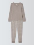 John Lewis Henley Top & Stripe Bottoms Cotton Pyjama Set, Mocha/Ivory