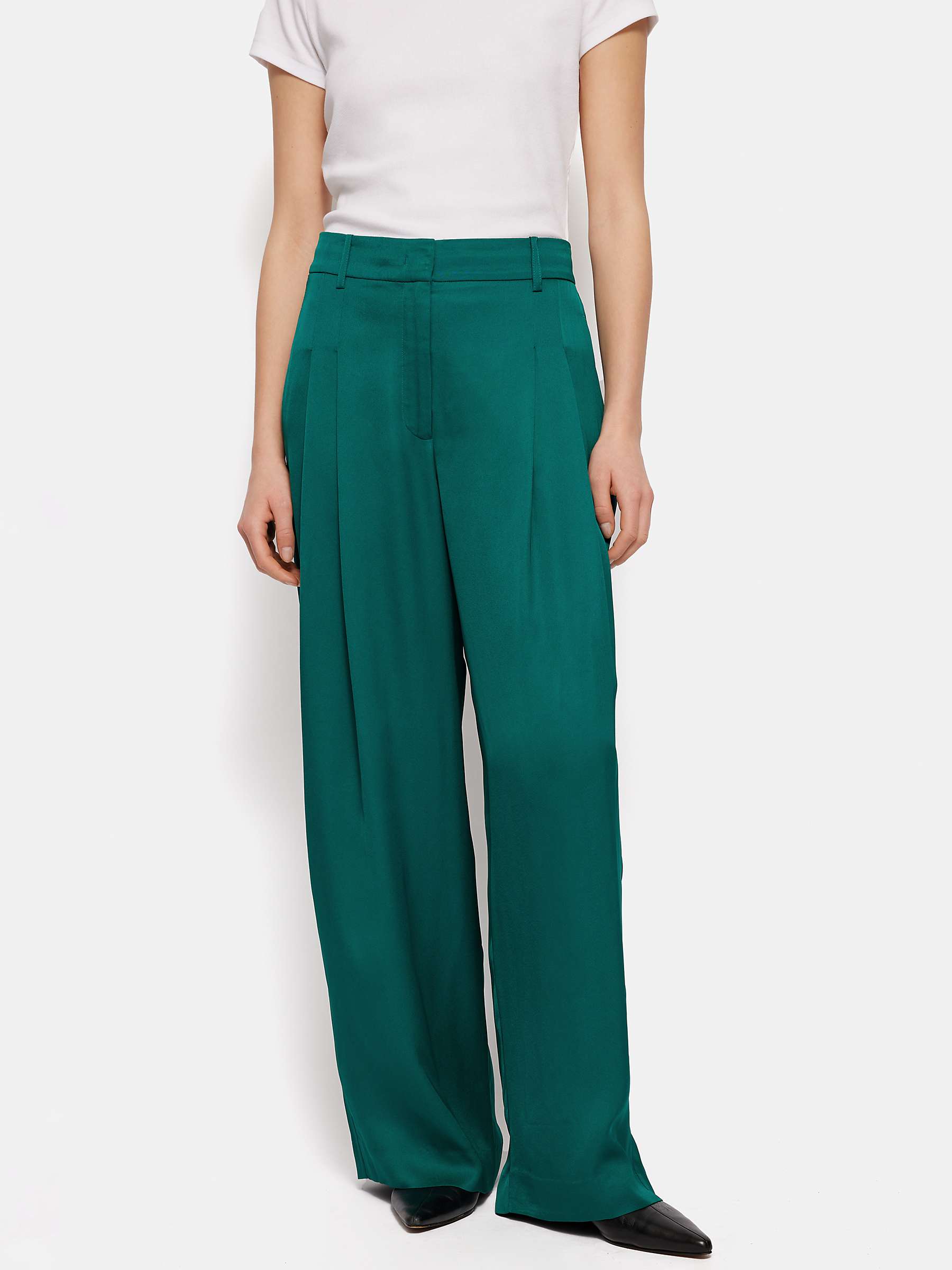 Buy Jigsaw Pleat Front Wide Leg Satin Trousers, Green Online at johnlewis.com