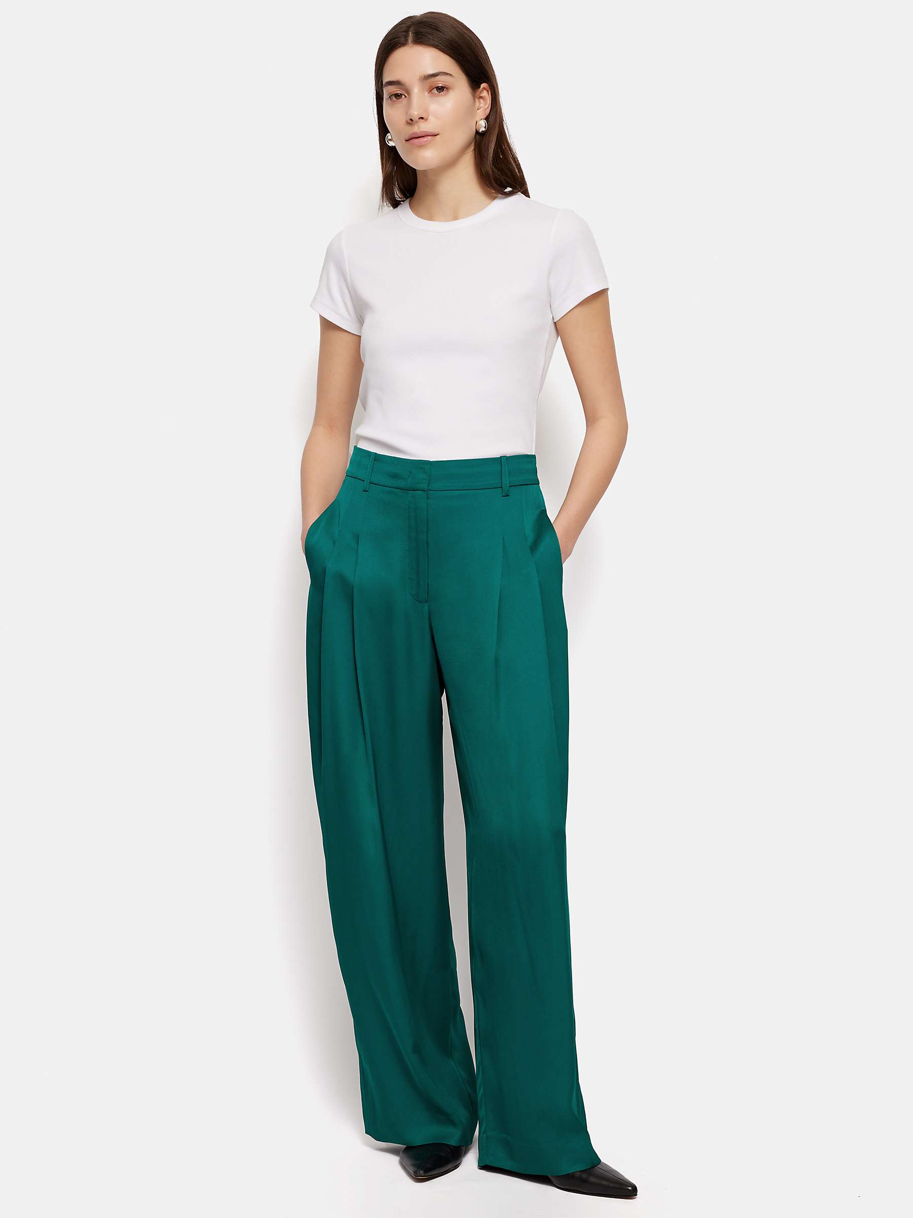 Buy Jigsaw Pleat Front Wide Leg Satin Trousers, Green Online at johnlewis.com