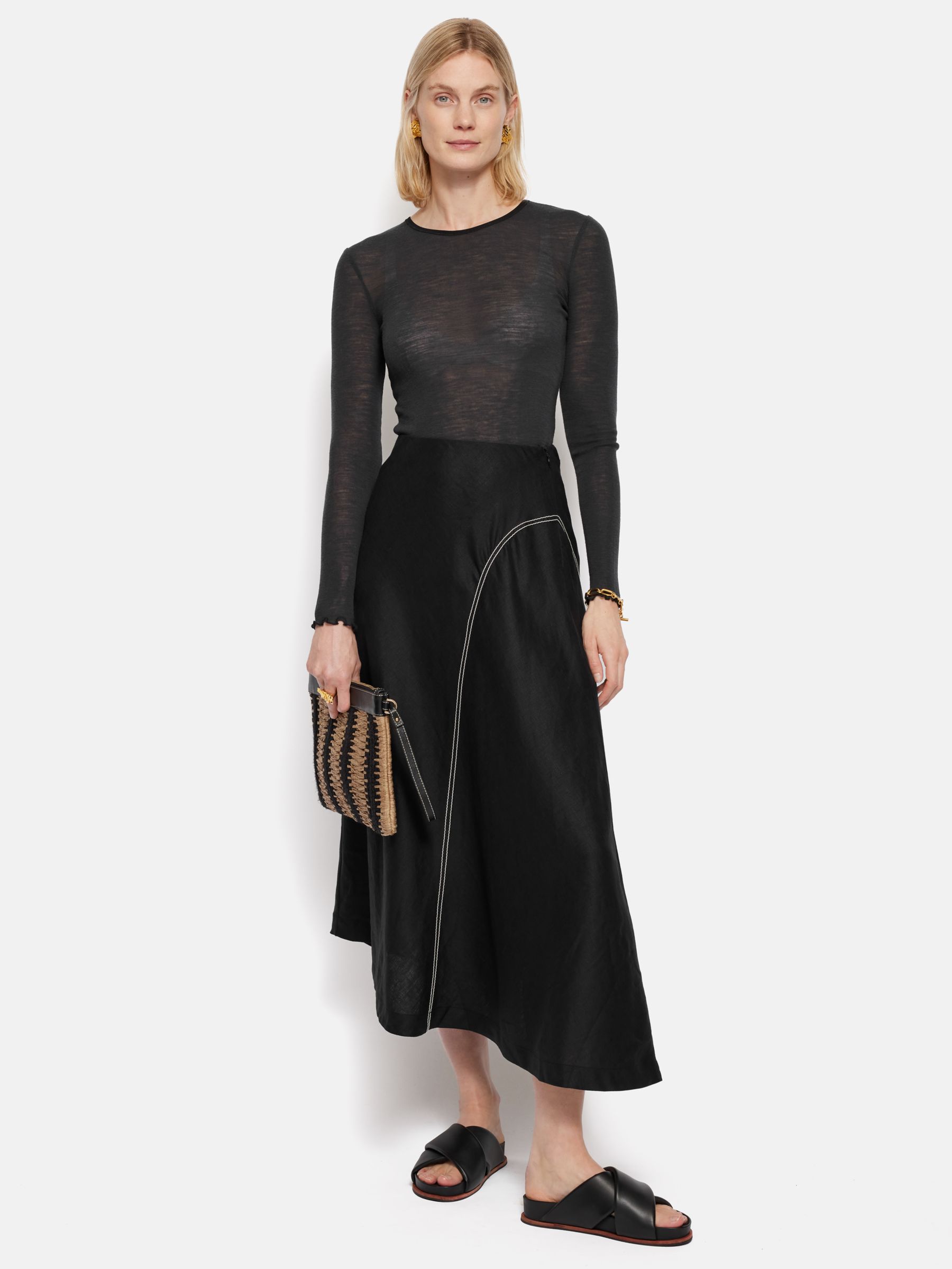 Jigsaw Linen Bias Cut Midi Skirt, Black, 6