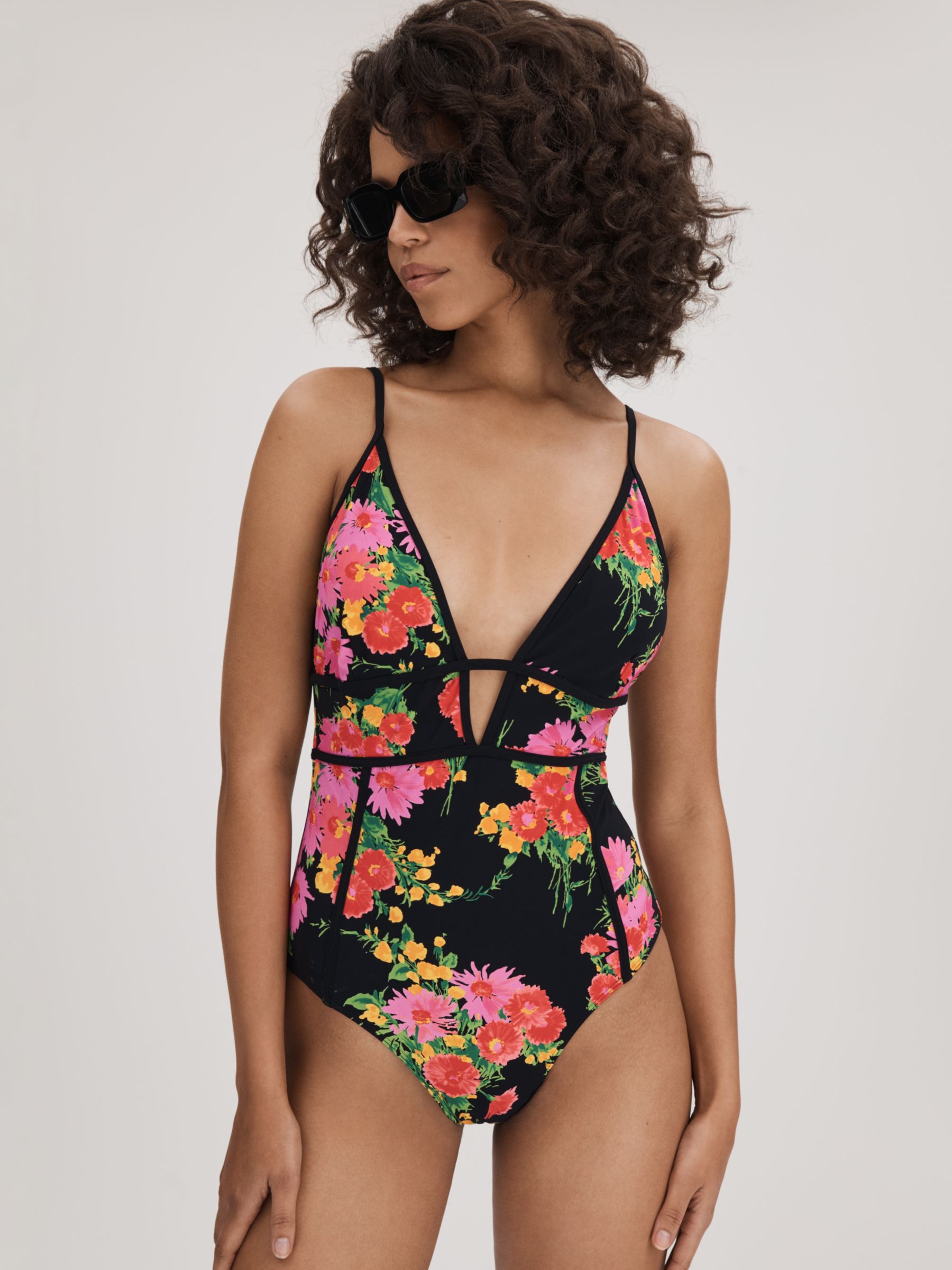FLORERE Panelled Plunge Floral Print Swimsuit, Black/Multi, 8