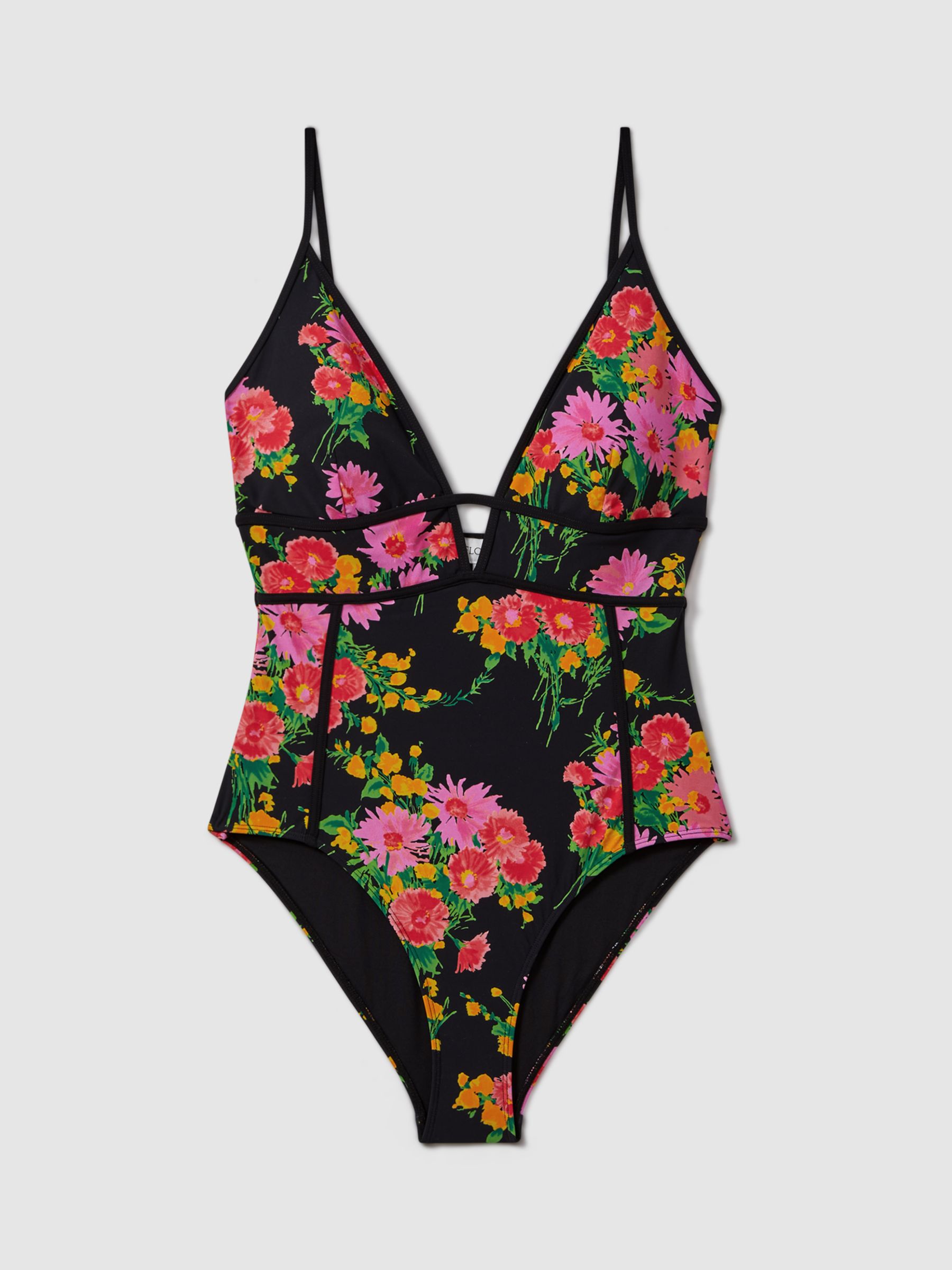 FLORERE Panelled Plunge Floral Print Swimsuit, Black/Multi, 8