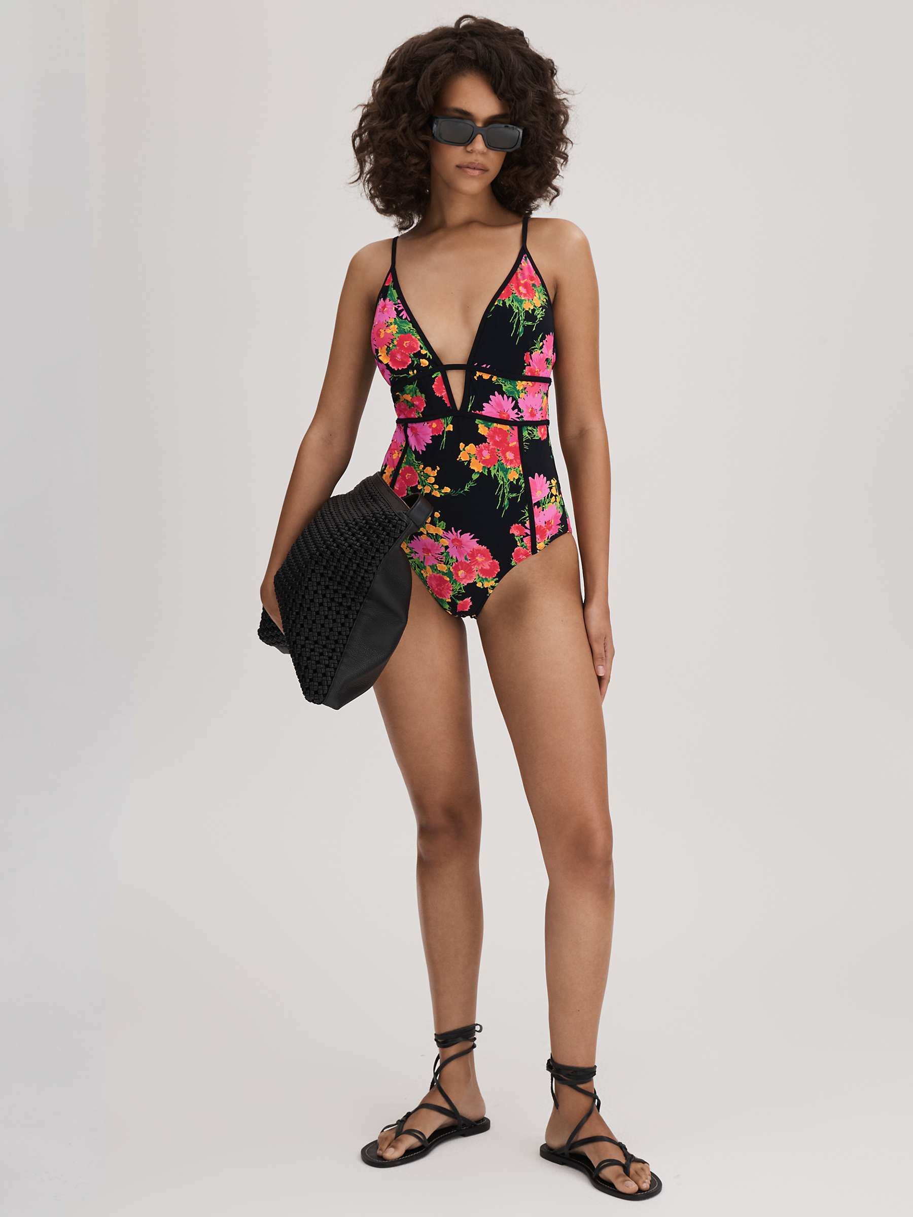 Buy FLORERE Panelled Plunge Floral Print Swimsuit, Black/Multi Online at johnlewis.com