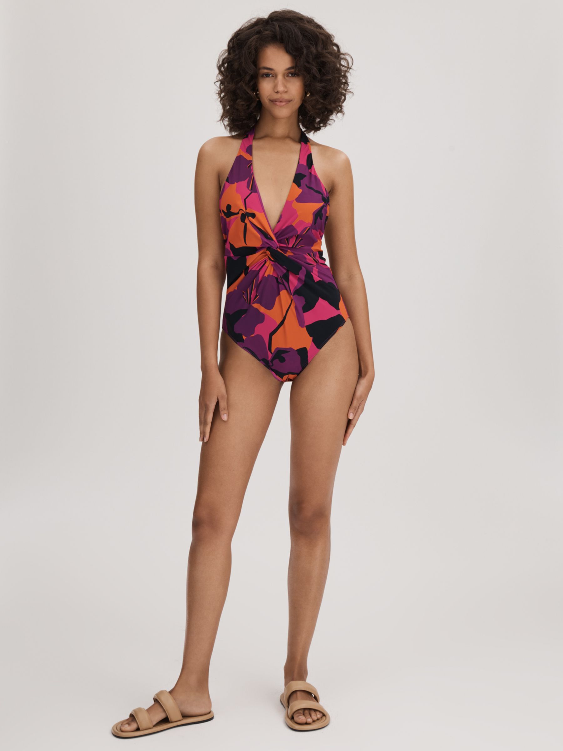 FLORERE Abstract Floral Twist Front Halterneck Swimsuit, Multi, 8