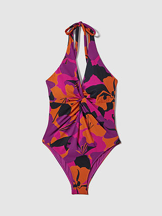 FLORERE Abstract Floral Twist Front Halterneck Swimsuit, Multi