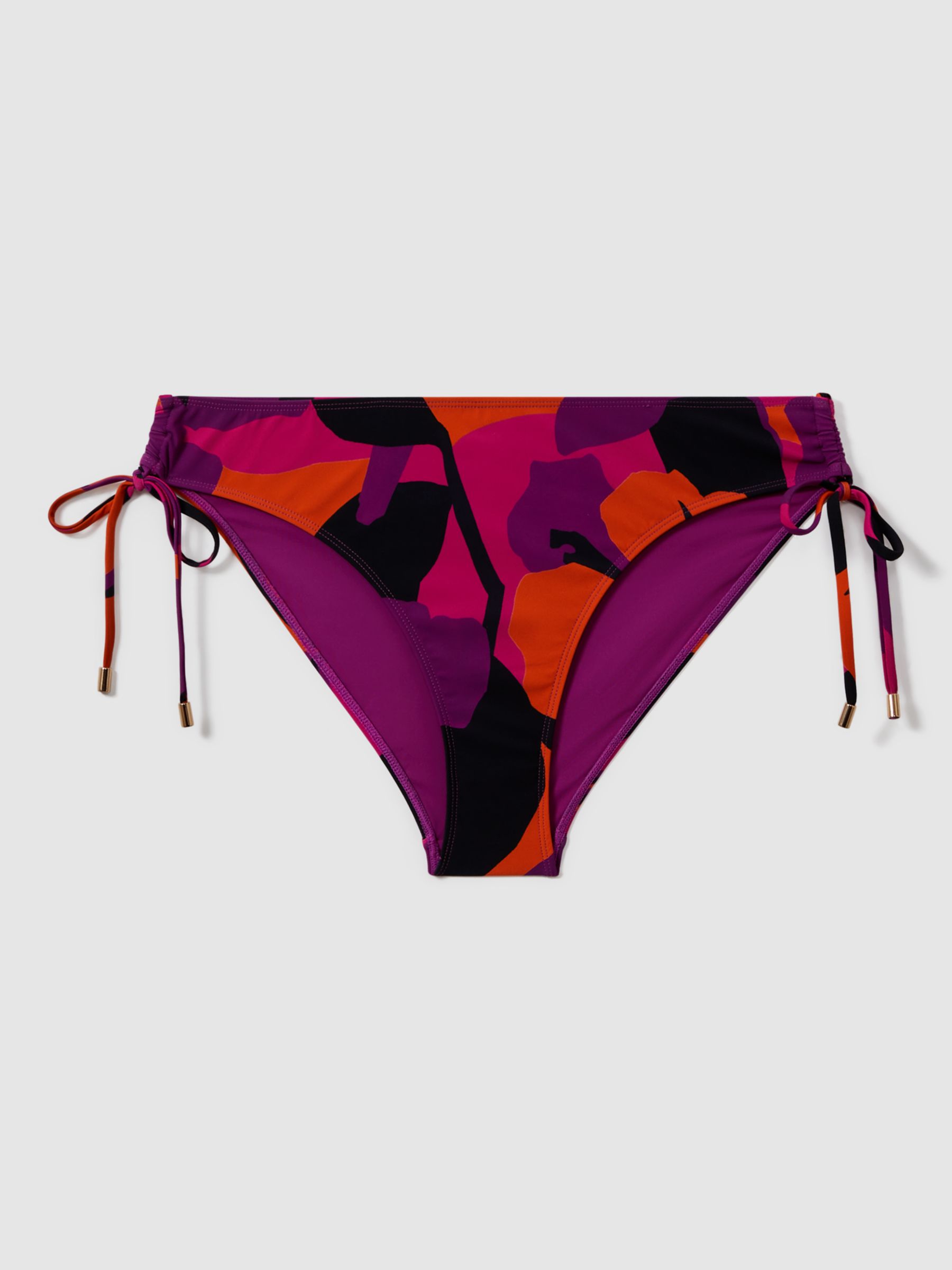 FLORERE Abstract Floral Print Side Ruched Bikini Bottoms, Pink/Orange, 8