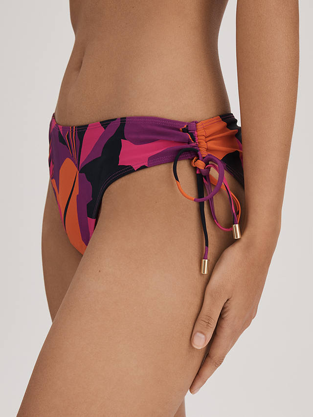 FLORERE Abstract Floral Print Side Ruched Bikini Bottoms, Pink/Orange