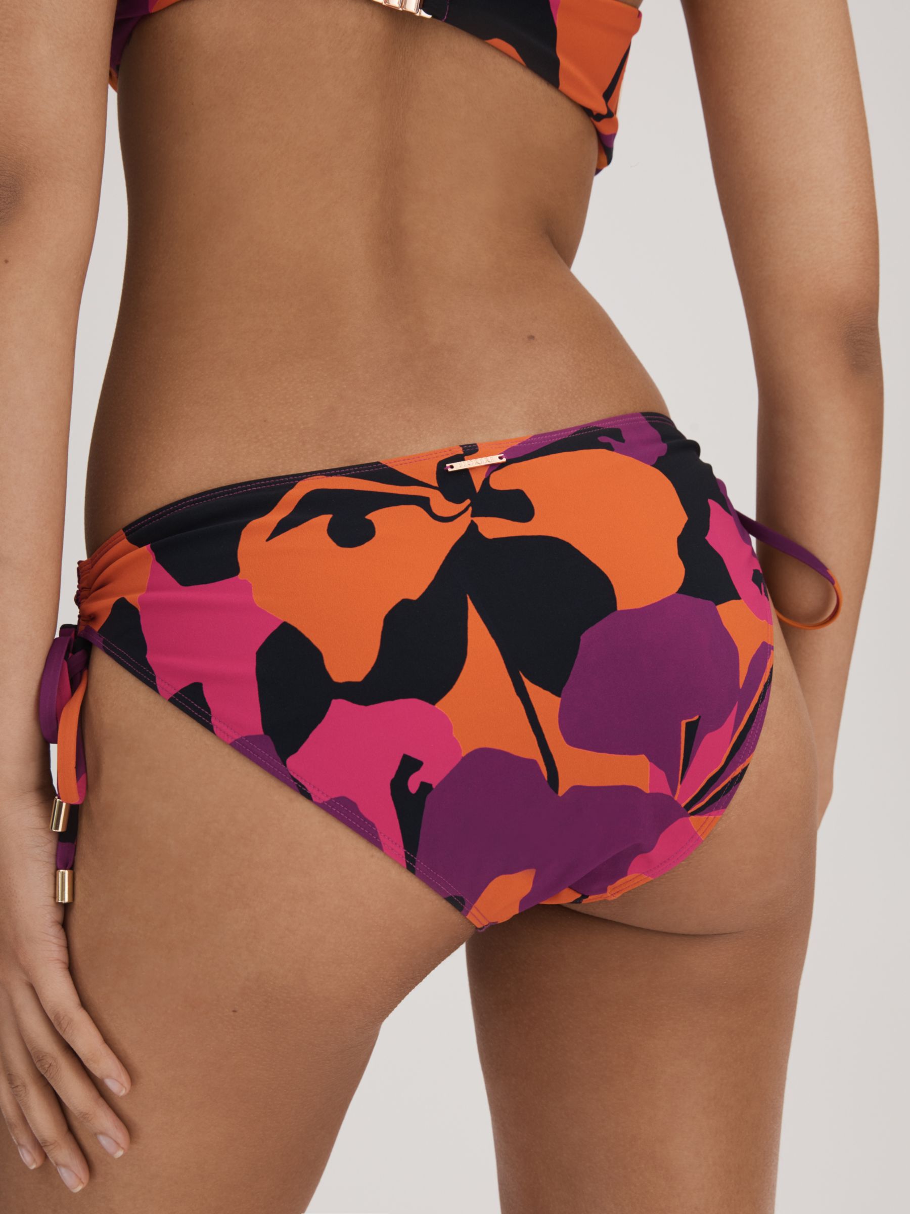 FLORERE Abstract Floral Print Side Ruched Bikini Bottoms, Pink/Orange, 8