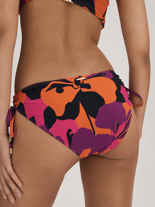 FLORERE Abstract Floral Print Side Ruched Bikini Bottoms, Pink/Orange