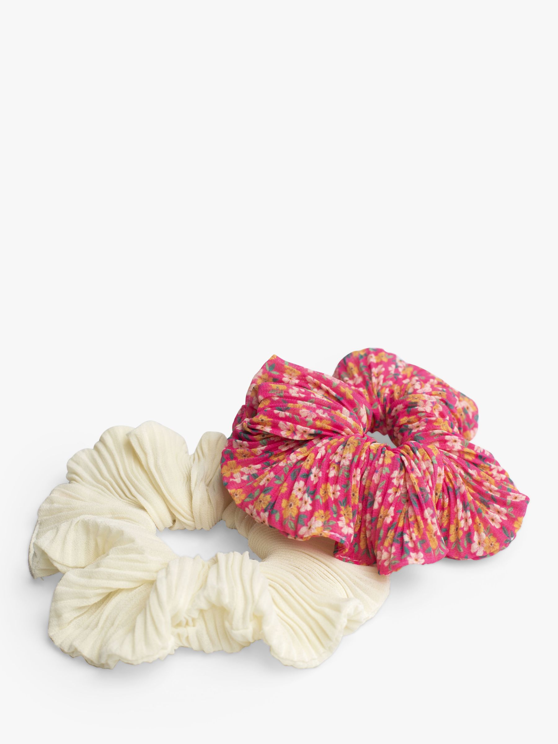 Bloom & Bay Zahara Pleated Chiffon Scrunchies, Pack of 2, Fuchsia Floral/Cream, One Size