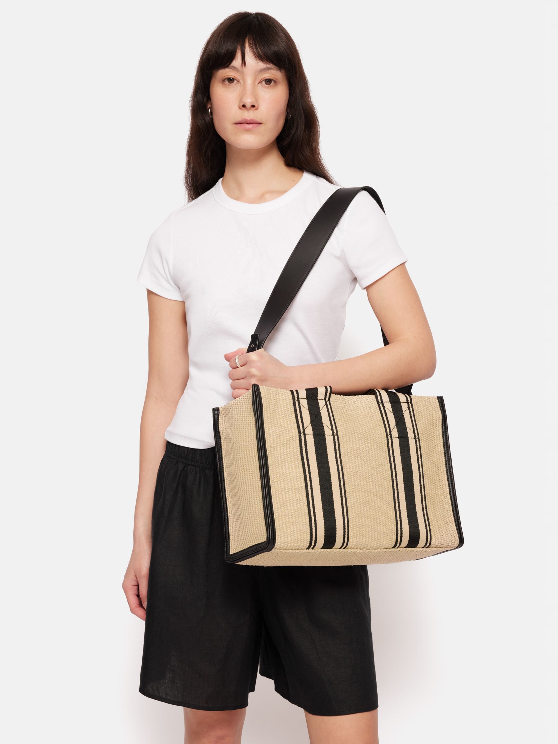 Jigsaw Athena Stripe Woven Tote Bag, Natural/Black, One Size