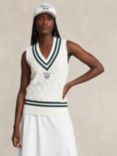Polo Ralph Lauren Wimbledon 2024 Sleeveless Cable Knit Jumper, White/Moss Agate