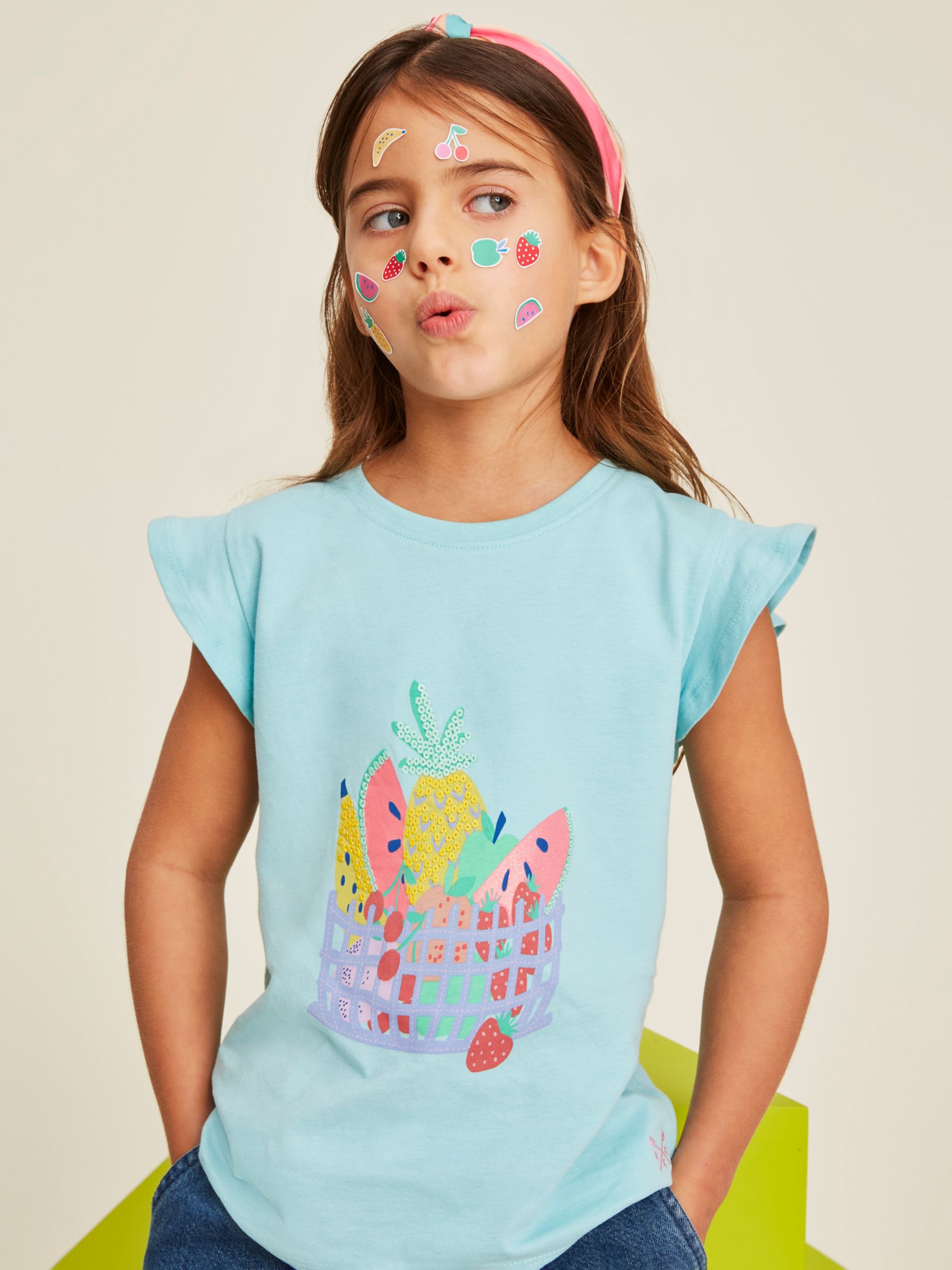 Crew Clothing Kids' Fruit Basket Print Angel Sleeve T-Shirt, Blue/Multi, 8-9 years