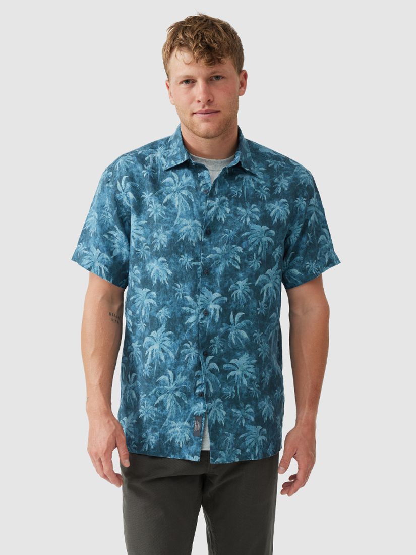 Rodd & Gunn Destiny Bay Palm Tree Print Linen Shirt, Teal, XS