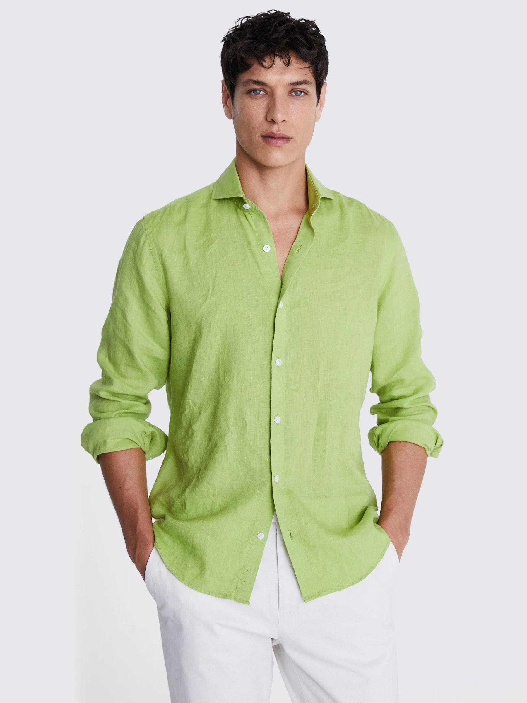 Moss Tailored Fit Linen Long Sleeve Shirt, Acid Green, S