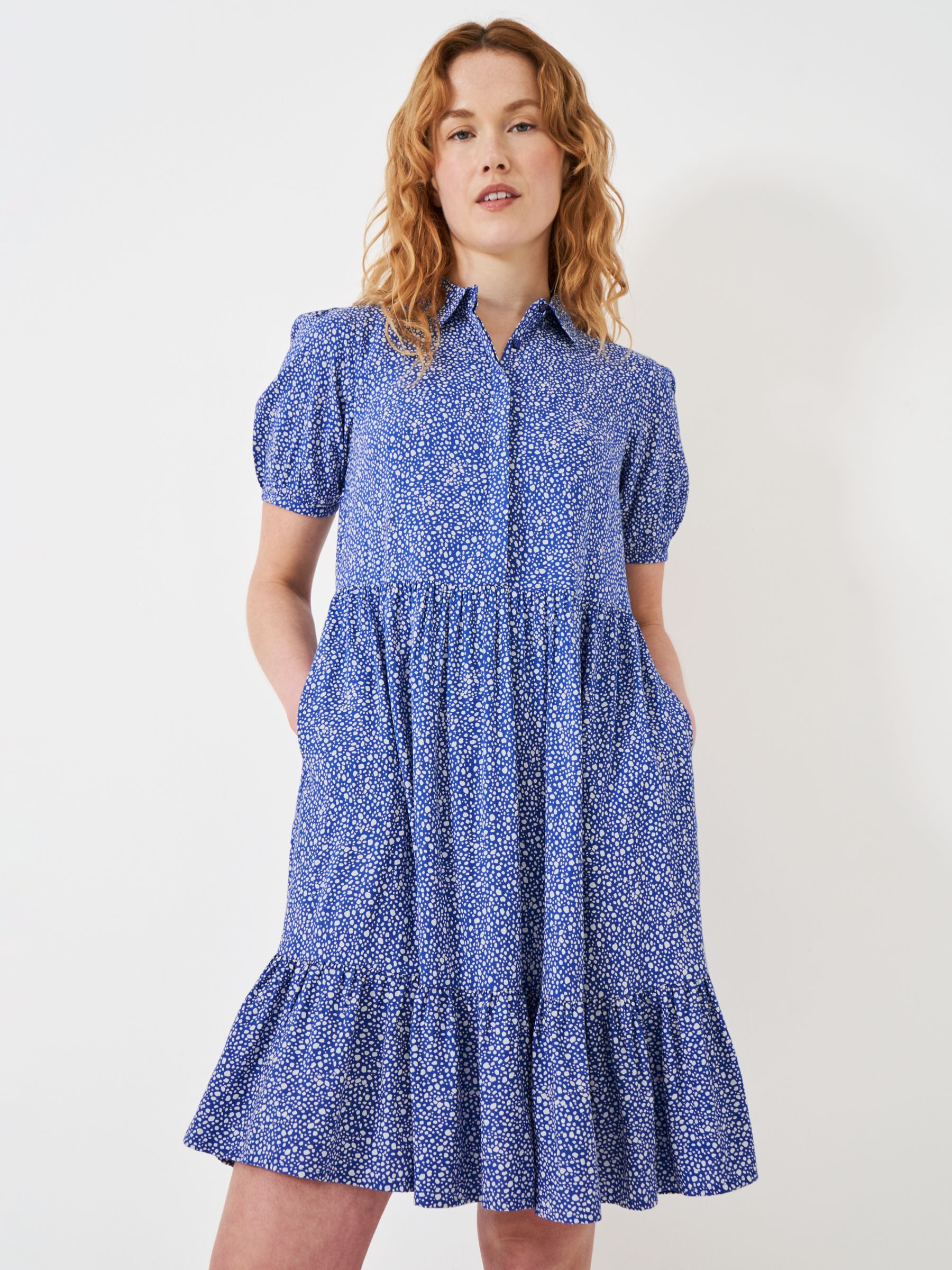 Crew Clothing Carlie Tiered Shirt Mini Dress, Blue/Multi, 6