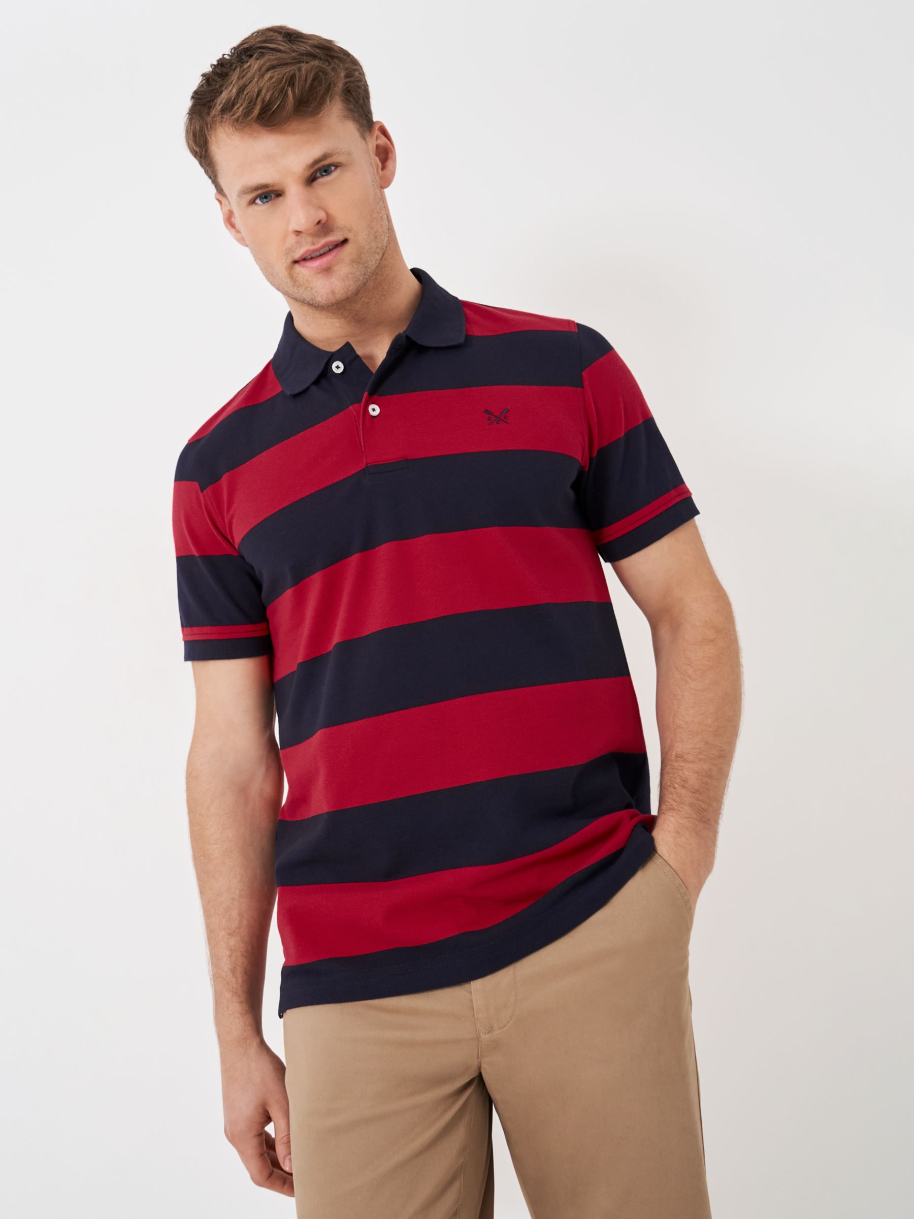 Crew Clothing Stripe Polo Shirt, Bright Red, L