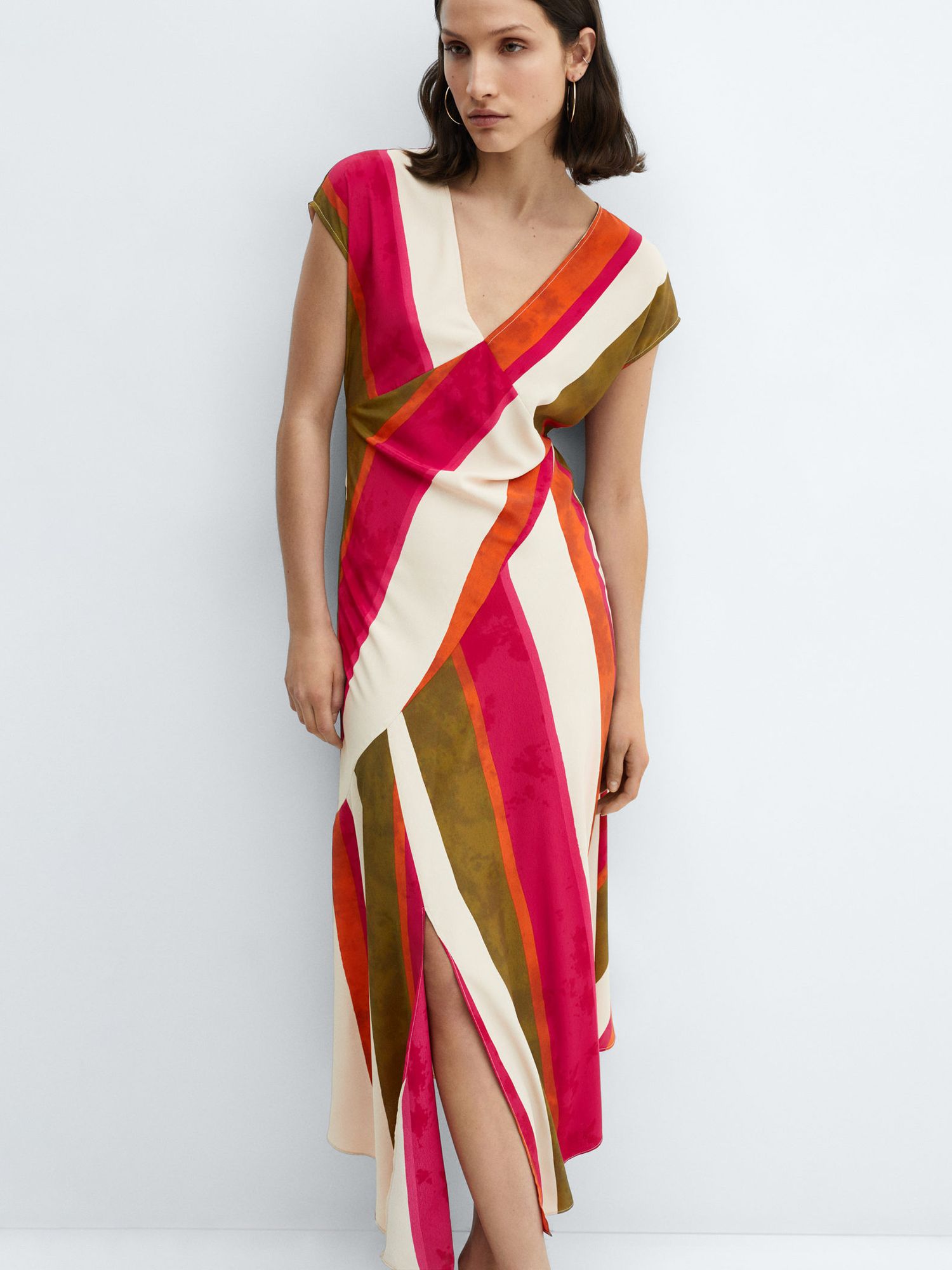 Mango Cherry Wide Stripe Asymmetric Hem Midi Dress, Pink Natural/Multi, 10