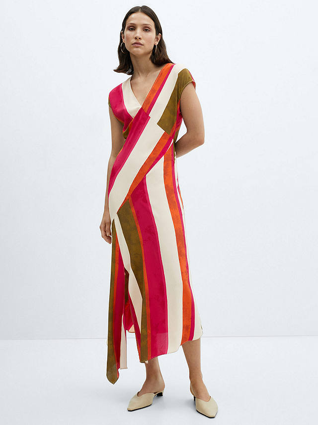 Mango Cherry Wide Stripe Asymmetric Hem Midi Dress, Pink Natural/Multi