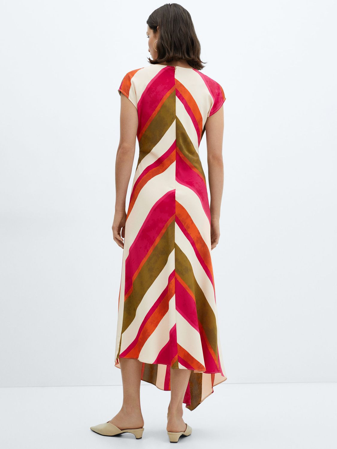 Mango Cherry Wide Stripe Asymmetric Hem Midi Dress, Pink Natural/Multi, 10
