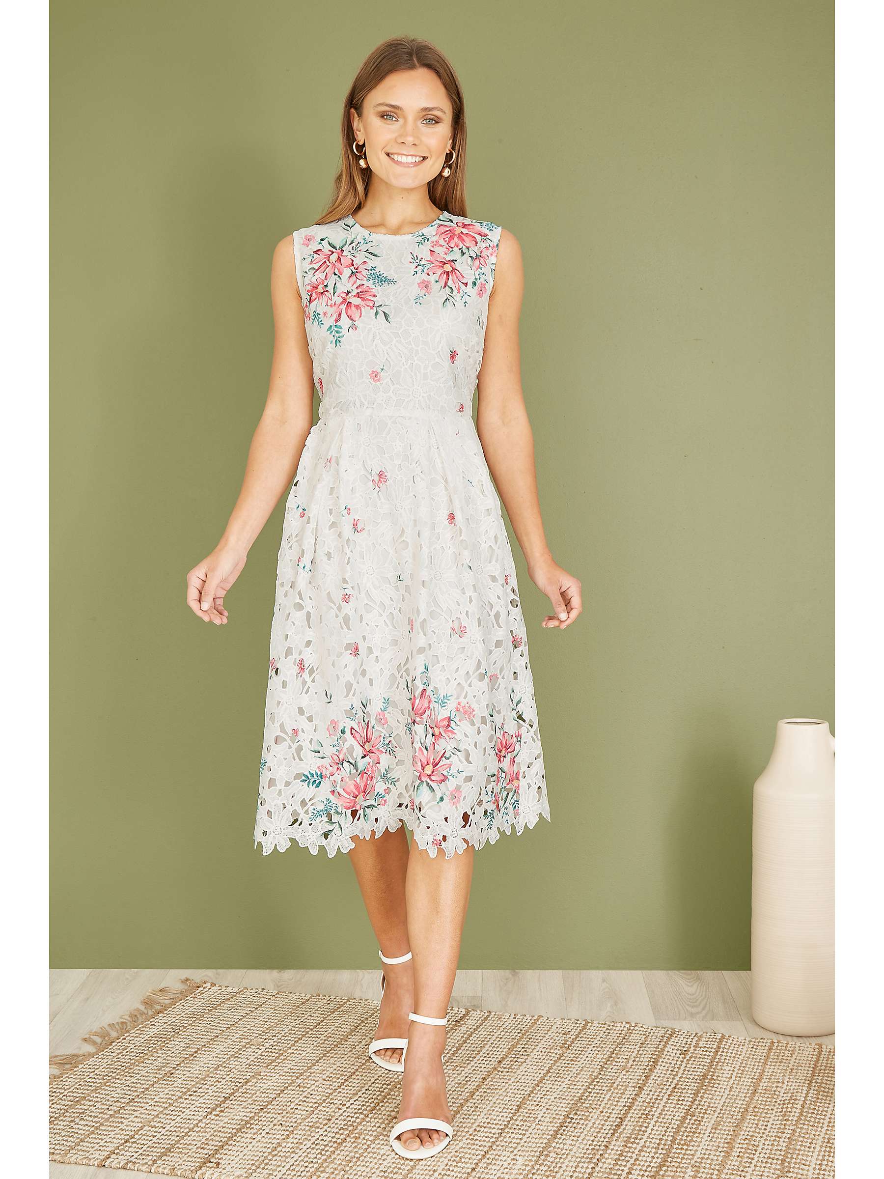 Buy Yumi Lace Floral Knee Length Dress, Ivory/Multi Online at johnlewis.com