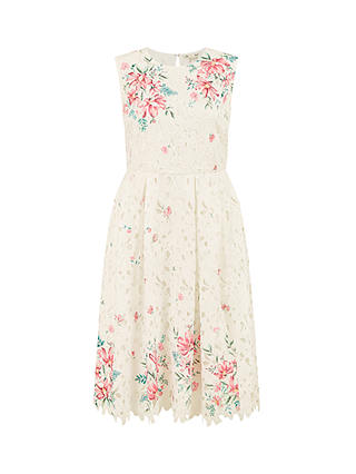 Yumi Lace Floral Knee Length Dress, Ivory/Multi