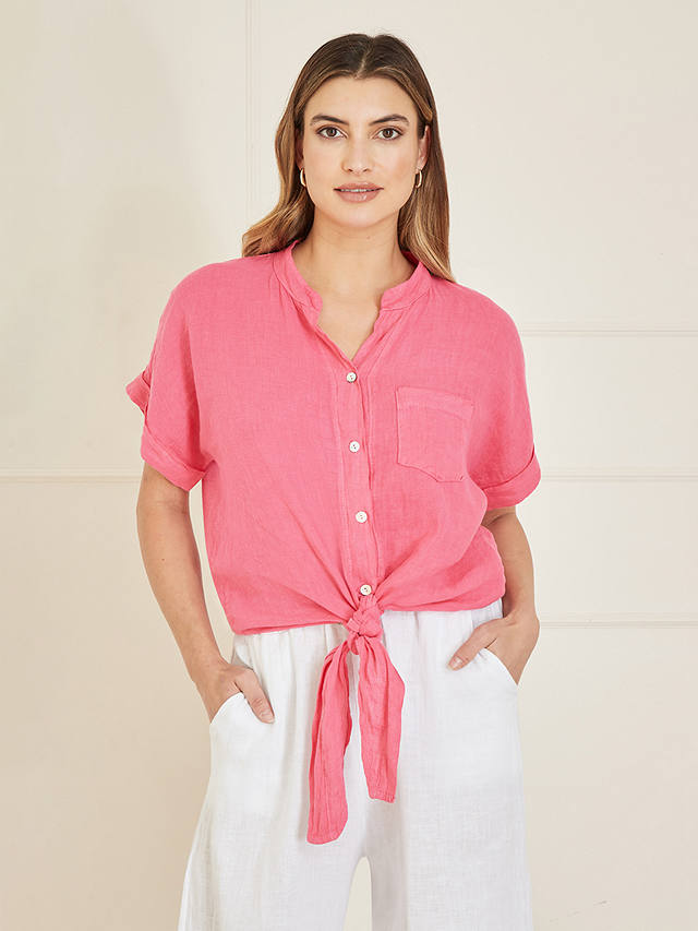 Yumi Italian Linen Front Tie Shirt, Pink