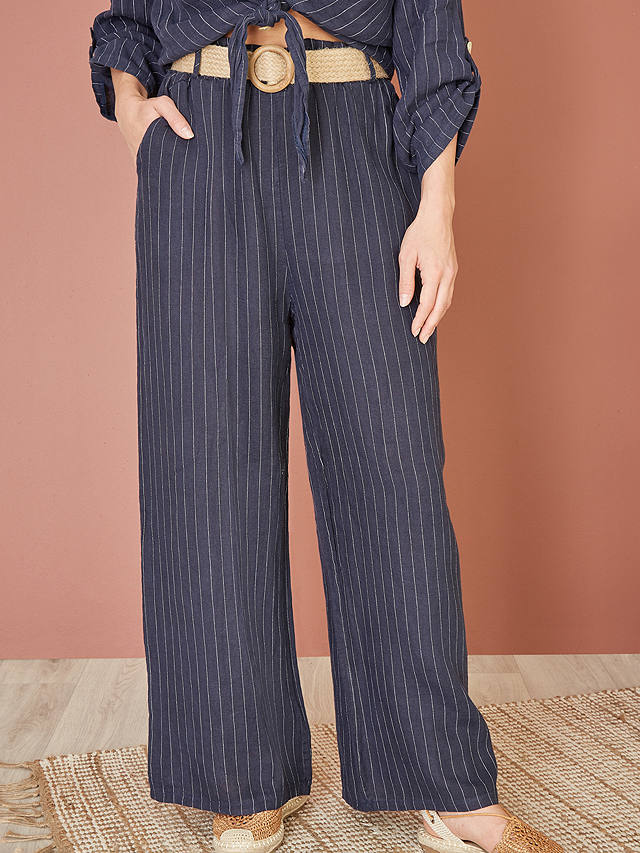 Yumi Italian Linen Striped Wide Leg Trousers & Belt, Navy