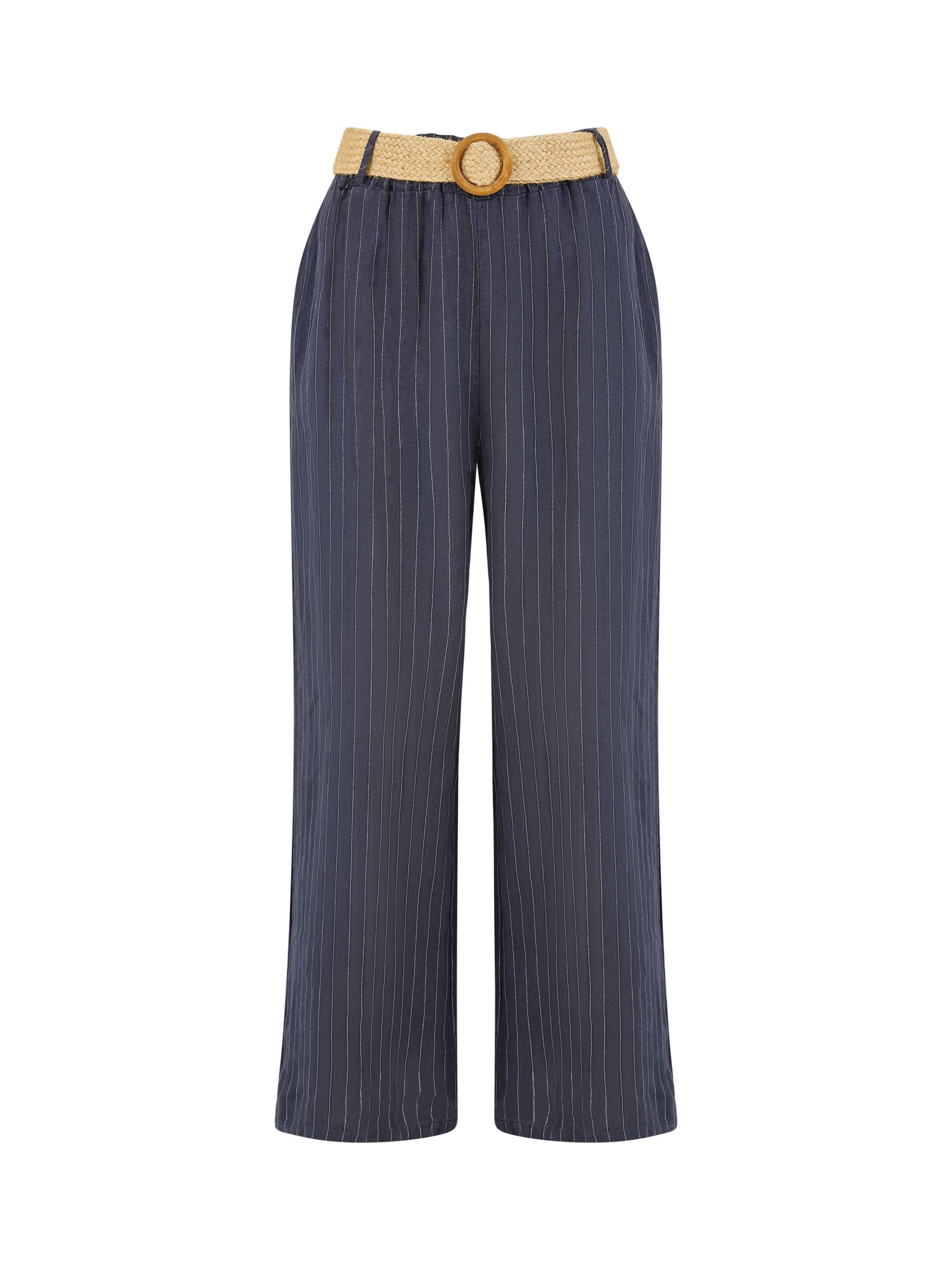 Yumi Italian Linen Striped Wide Leg Trousers & Belt, Navy, S