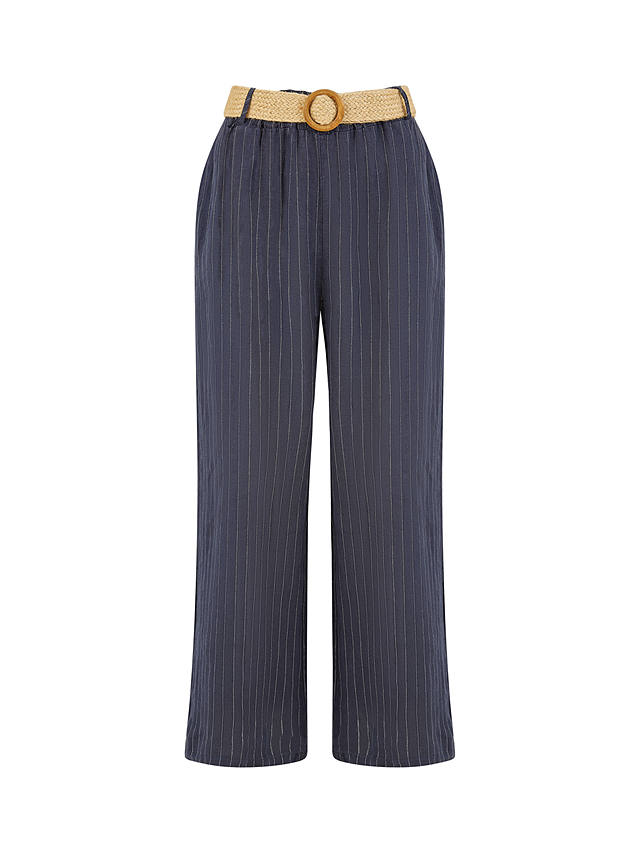 Yumi Italian Linen Striped Wide Leg Trousers & Belt, Navy
