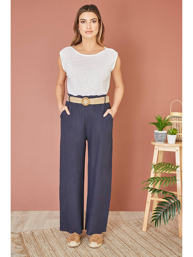 Yumi Italian Linen Wide Leg Trousers & Belt, Navy