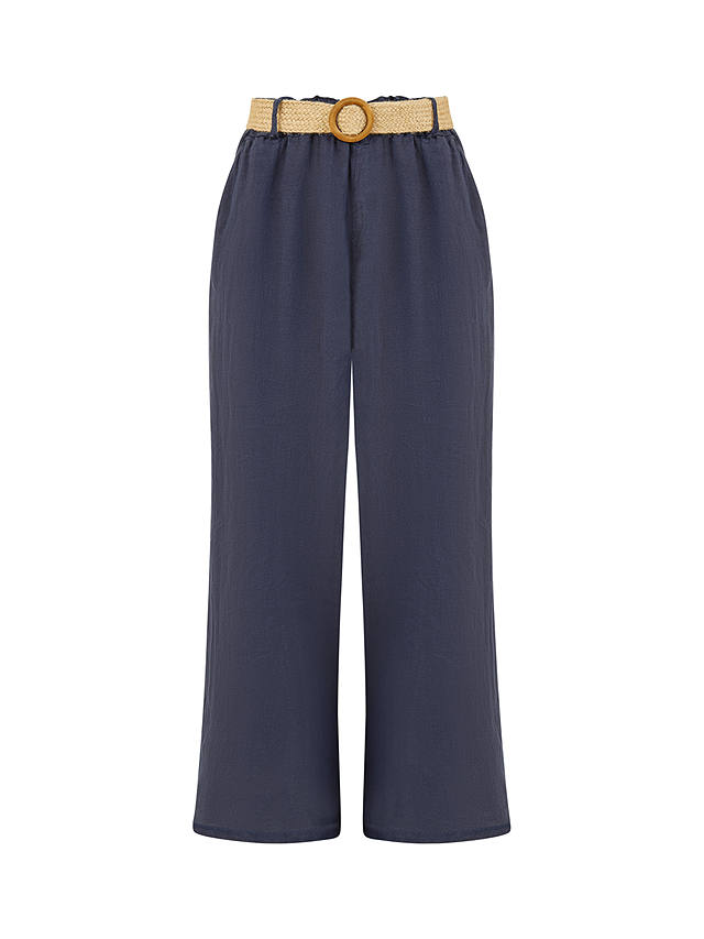 Yumi Italian Linen Wide Leg Trousers & Belt, Navy