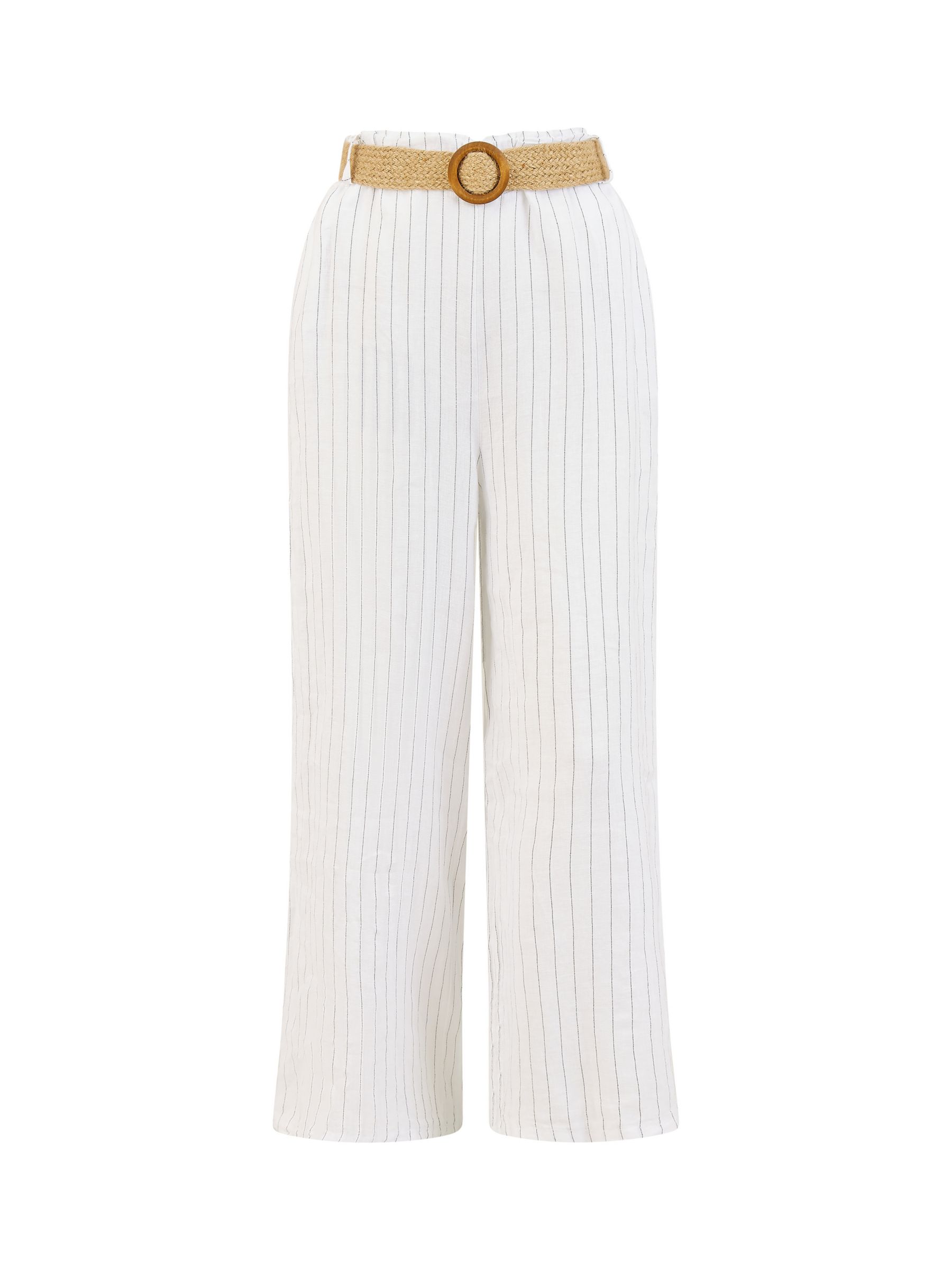 Yumi Italian Linen Striped Wide Leg Trousers & Belt, White, S