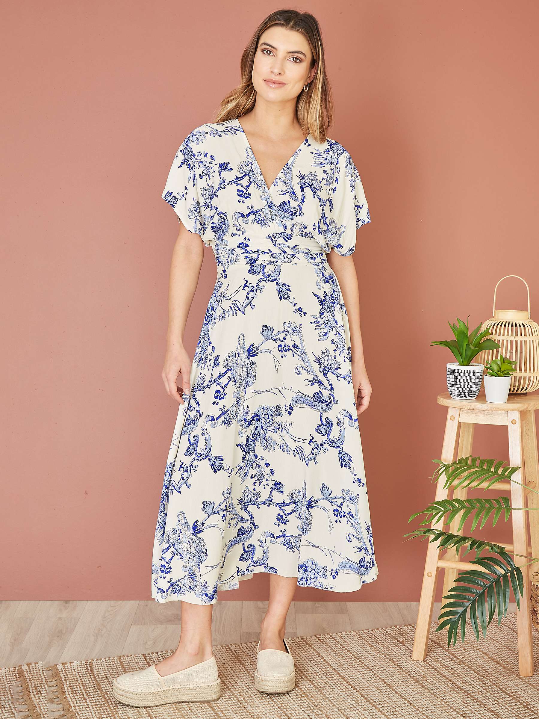 Buy Yumi Ruched Waist Midi Dress, White/Blue Online at johnlewis.com
