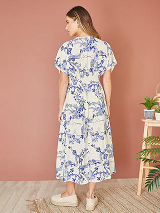 Yumi Ruched Waist Midi Dress, White/Blue