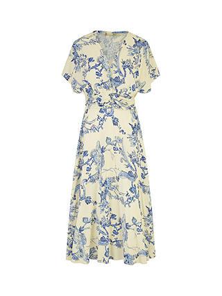 Yumi Ruched Waist Midi Dress, White/Blue