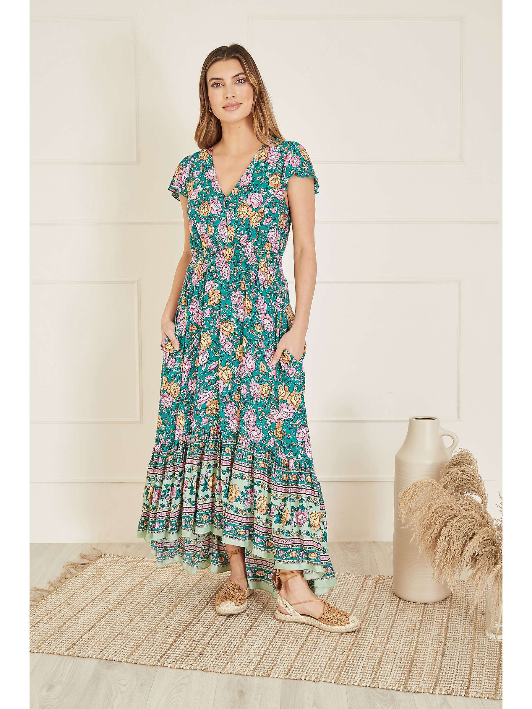 Buy Yumi Festive Floral Ruched Waist Maxi Dress, Green/Multi Online at johnlewis.com