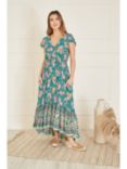 Yumi Festive Floral Ruched Waist Maxi Dress, Green/Multi