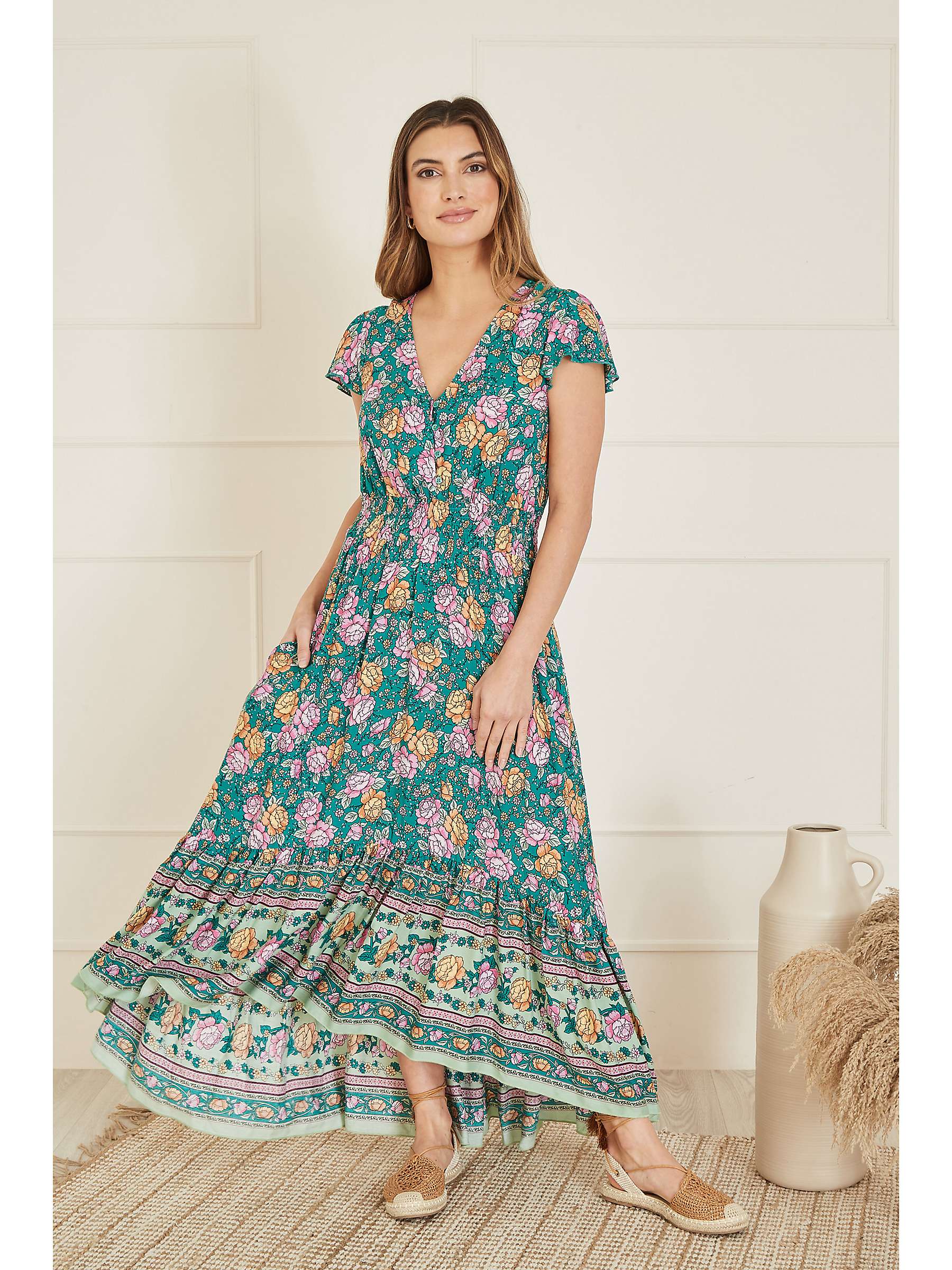 Buy Yumi Festive Floral Ruched Waist Maxi Dress, Green/Multi Online at johnlewis.com