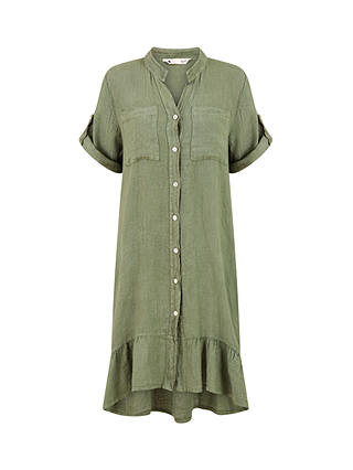 Yumi Linen Frill Hem Shirt Dress, Khaki