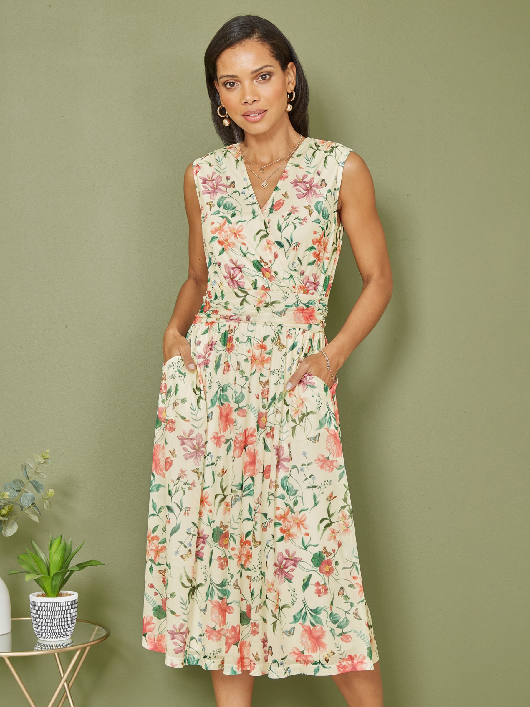 Yumi Floral Print Mesh Midi Dress, Ivory/Multi, 8
