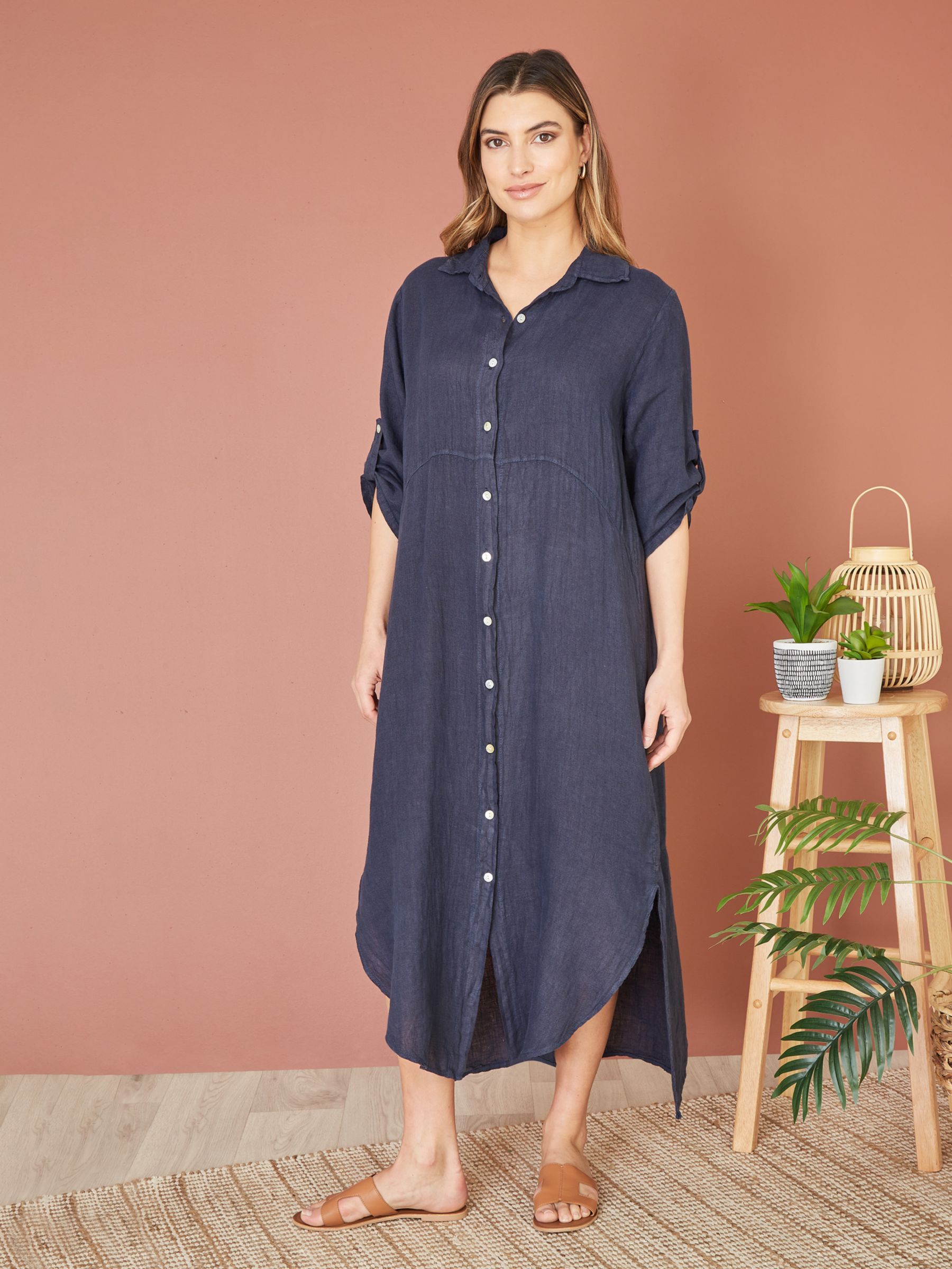 Yumi Italian Linen Relaxed Fit Midi Shirt Dress, Navy, S-M